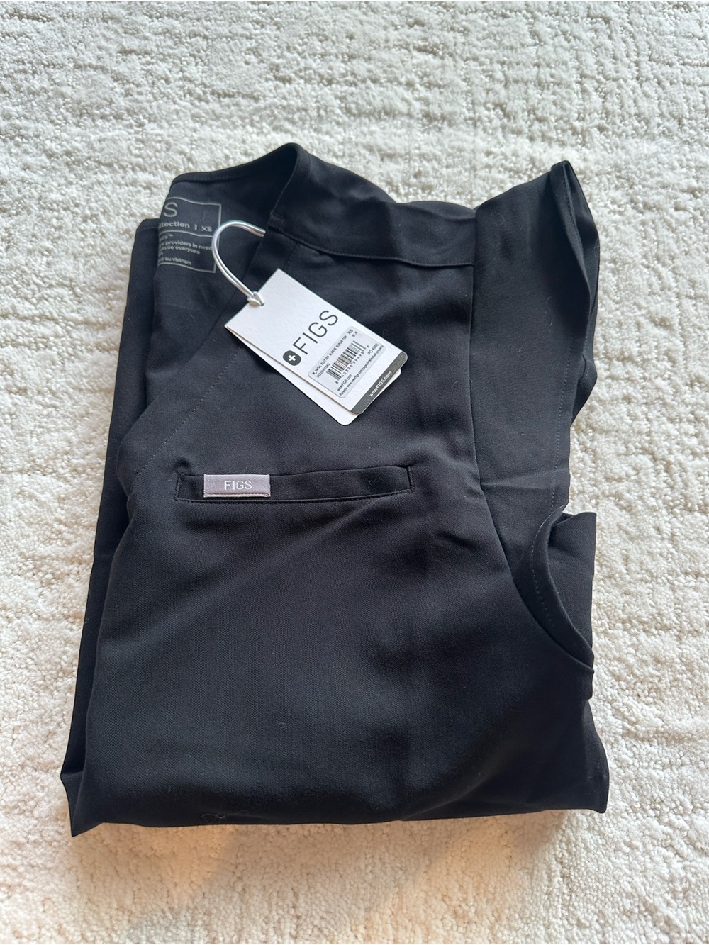 Figs Black Medical Scrub Top with Chest Pocket and Tag